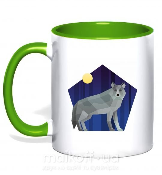 Чашка з кольоровою ручкою Волк и луна Зелений фото