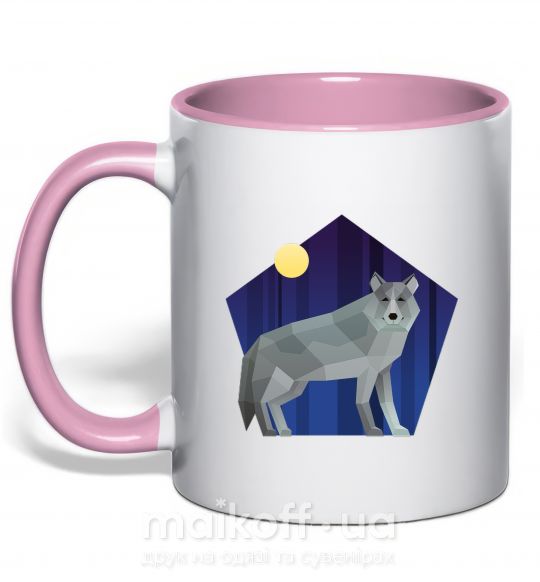 Чашка с цветной ручкой Волк и луна Нежно розовый фото