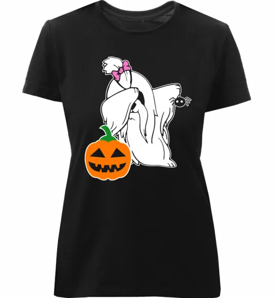 Женская премиум футболка Пес з паучком Черный фото