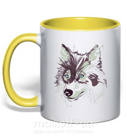 Чашка с цветной ручкой Волк голова Солнечно желтый фото