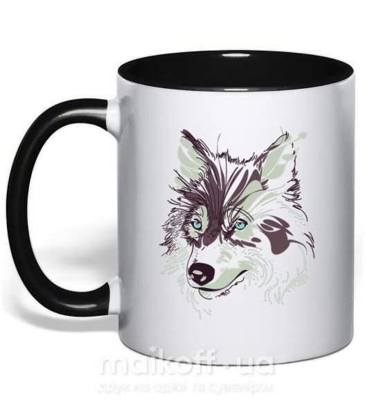 Чашка с цветной ручкой Волк голова Черный фото