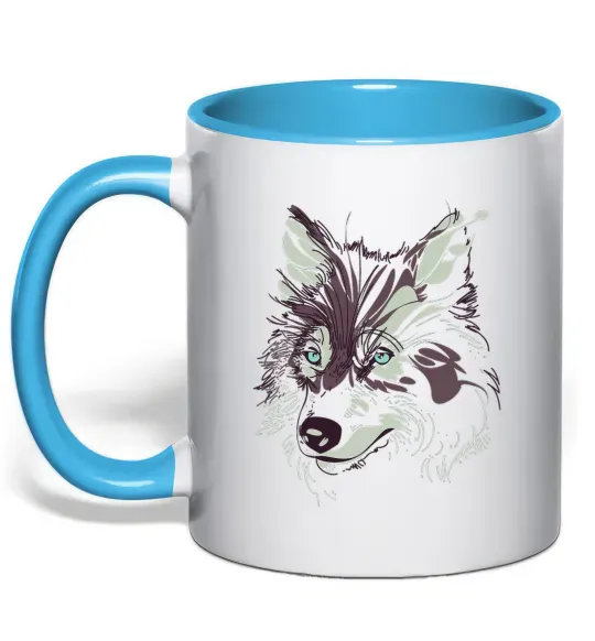Чашка с цветной ручкой Вовк голова Голубой фото