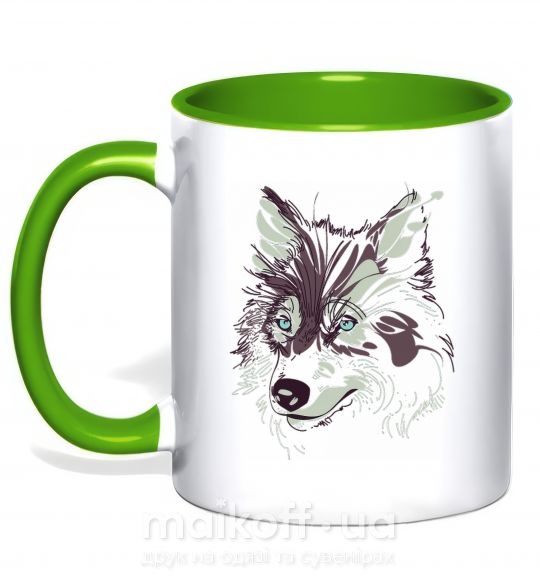 Чашка з кольоровою ручкою Волк голова Зелений фото