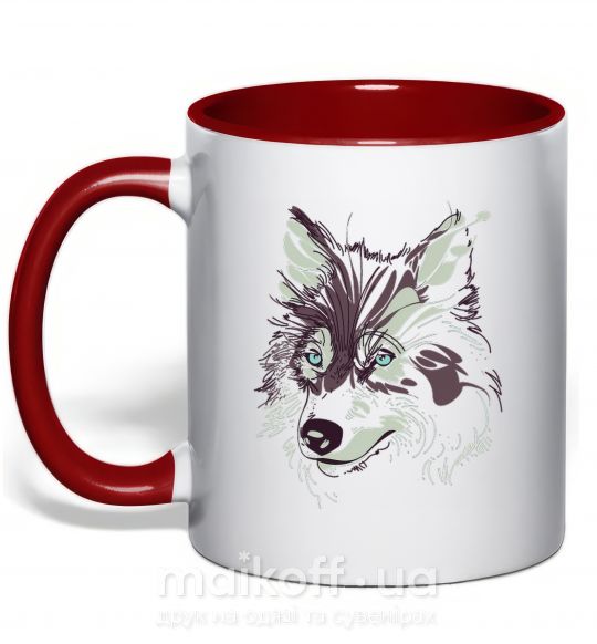 Чашка с цветной ручкой Волк голова Красный фото