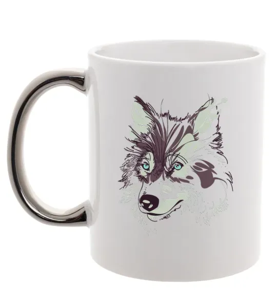 Чашка с цветной ручкой Вовк голова Серебро фото