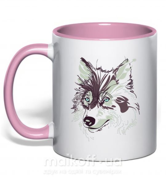 Чашка з кольоровою ручкою Волк голова Ніжно рожевий фото