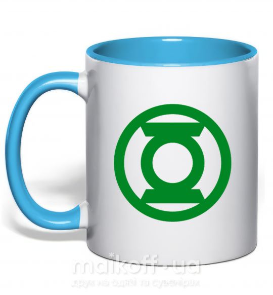 Чашка с цветной ручкой Зеленый фонарь лого зеленое Голубой фото