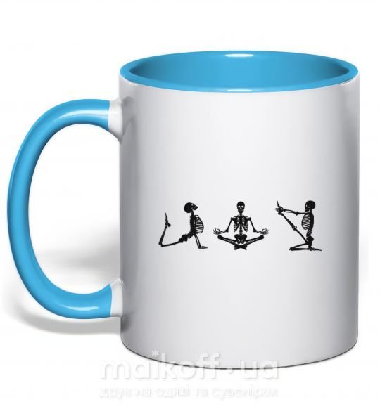 Чашка с цветной ручкой Йога скелеты Голубой фото
