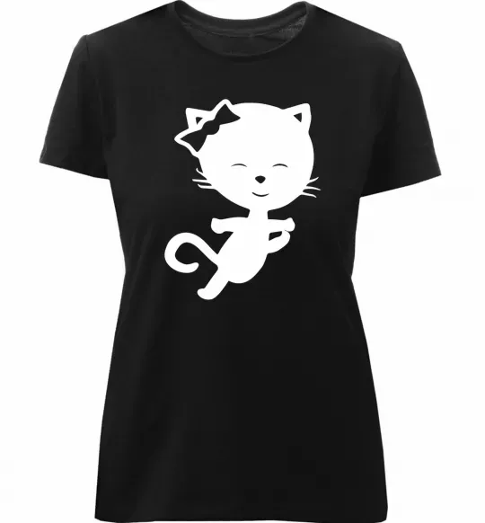 Женская премиум футболка Stretching cat Черный фото