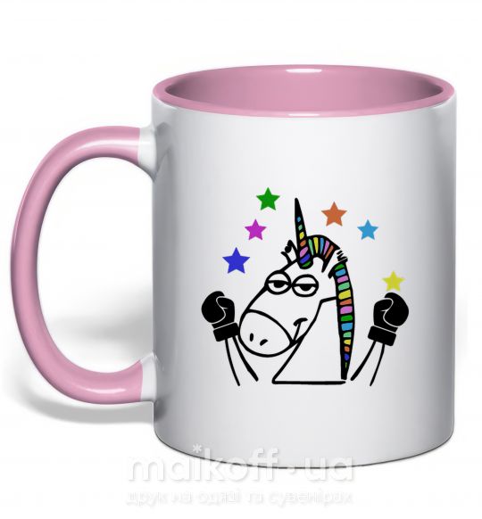 Чашка з кольоровою ручкою Боец единорог Ніжно рожевий фото