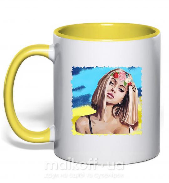 Чашка с цветной ручкой Девушка в венке Солнечно желтый фото
