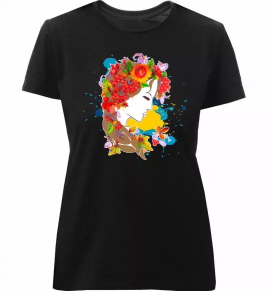 Женская премиум футболка Українка петриківський розпис Черный фото