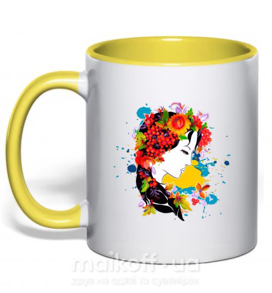 Чашка з кольоровою ручкою Українка петриківський розпис Сонячно жовтий фото