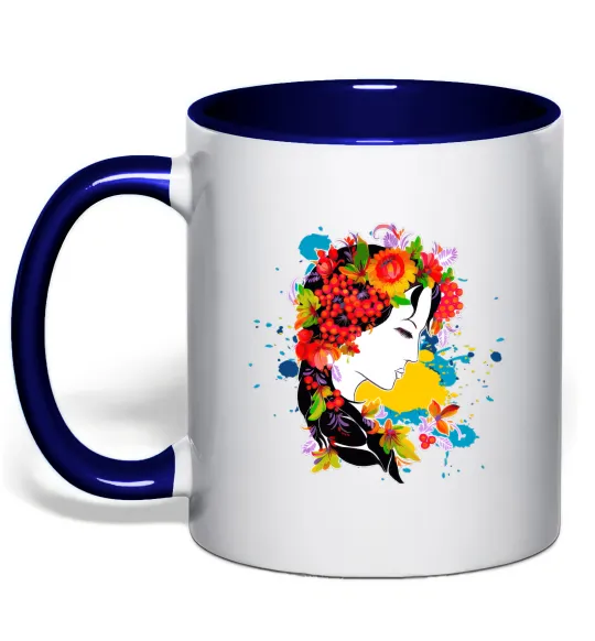 Чашка с цветной ручкой Українка петриківський розпис Глубокий темно-синий фото