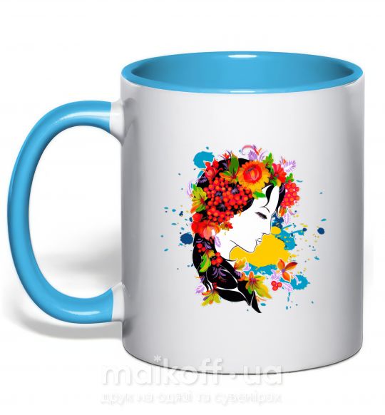 Чашка с цветной ручкой Українка петриківський розпис Голубой фото