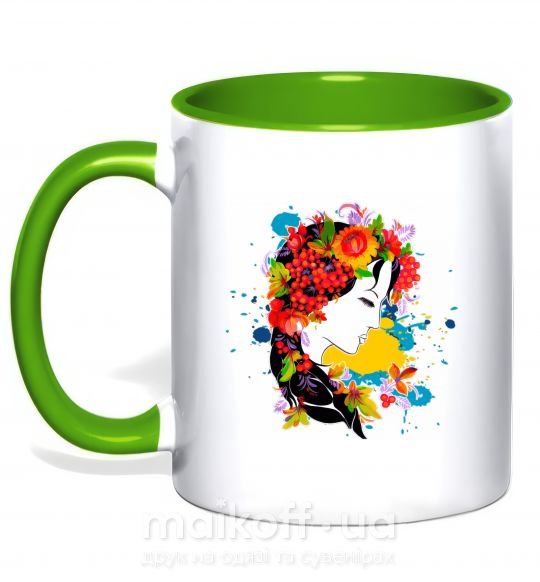Чашка з кольоровою ручкою Українка петриківський розпис Зелений фото