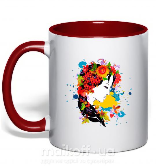 Чашка з кольоровою ручкою Українка петриківський розпис Червоний фото