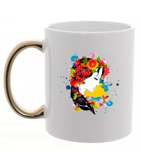 Чашка с цветной ручкой Українка петриківський розпис Золото фото