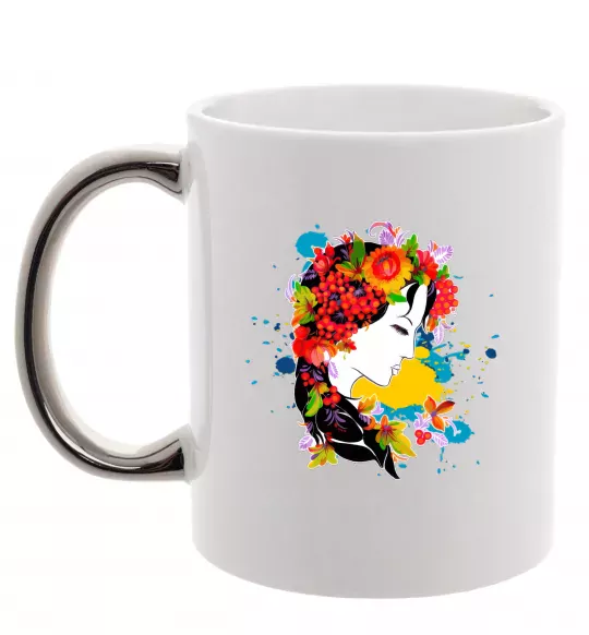 Чашка с цветной ручкой Українка петриківський розпис Серебро фото