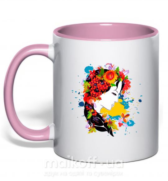 Чашка з кольоровою ручкою Українка петриківський розпис Ніжно рожевий фото