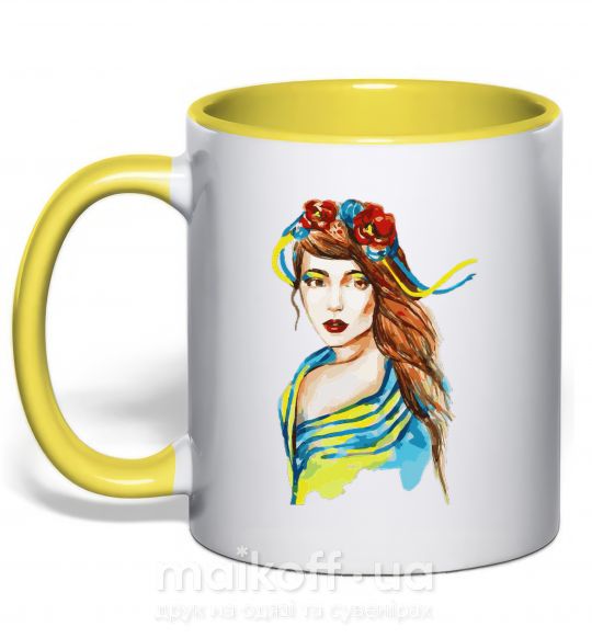 Чашка з кольоровою ручкою Українка в прапорі Сонячно жовтий фото