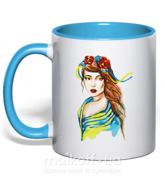 Чашка з кольоровою ручкою Українка в прапорі Блакитний фото