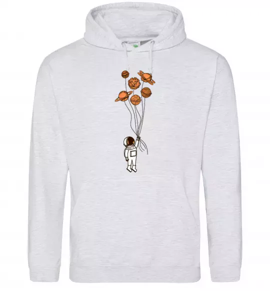 Чоловіча толстовка (худі) Космонавт з кульками з планет Сірий меланж фото
