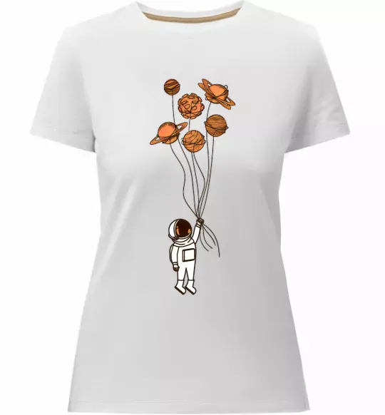 Жіноча преміум футболка Космонавт з кульками з планет Білий фото