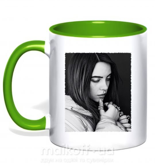 Чашка з кольоровою ручкою Billie Eilish bw Зелений фото