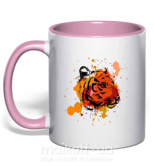 Чашка з кольоровою ручкою Тигр брызги Ніжно рожевий фото
