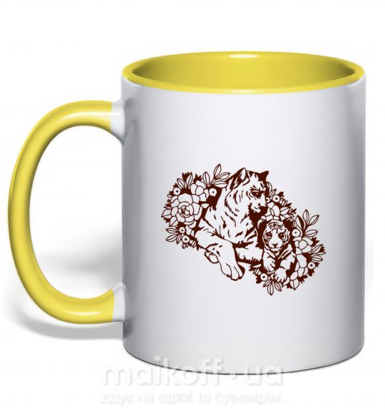Чашка с цветной ручкой Тигрица и тигренок Солнечно желтый фото
