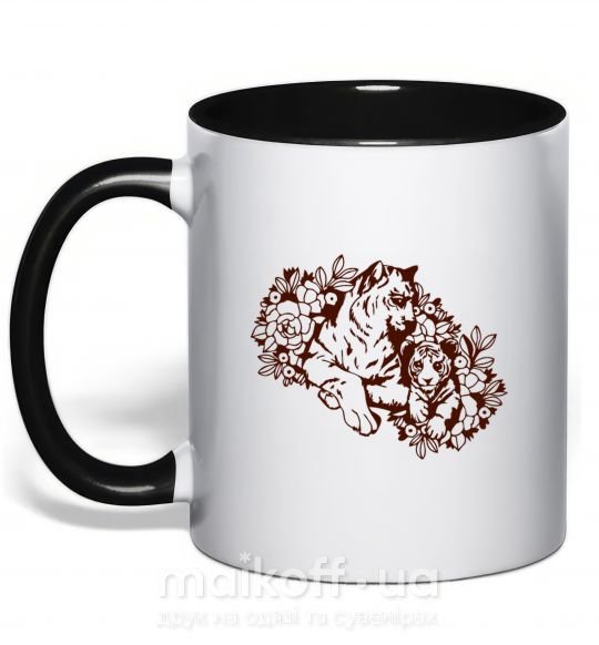 Чашка с цветной ручкой Тигрица и тигренок Черный фото