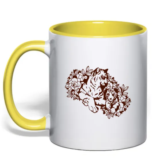 Чашка з кольоровою ручкою Тигриця й тигреня Лимонний фото