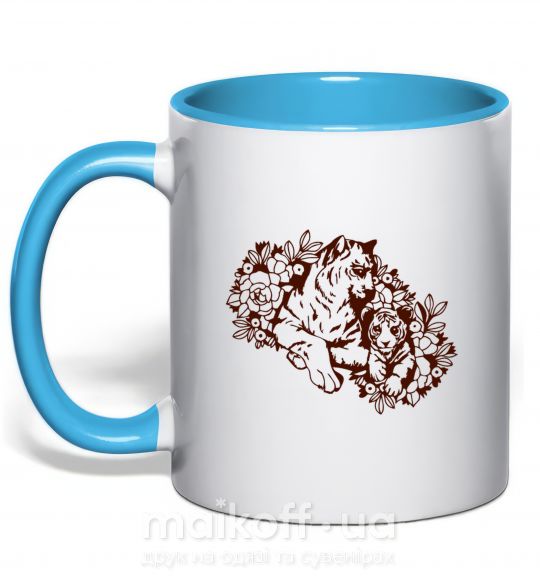 Чашка с цветной ручкой Тигрица и тигренок Голубой фото