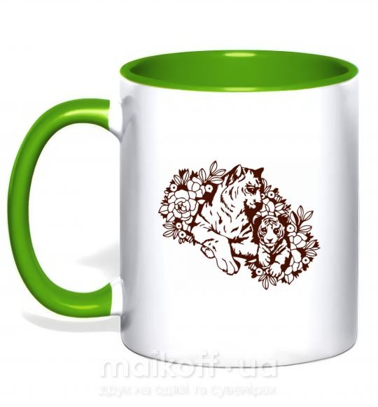 Чашка с цветной ручкой Тигрица и тигренок Зеленый фото