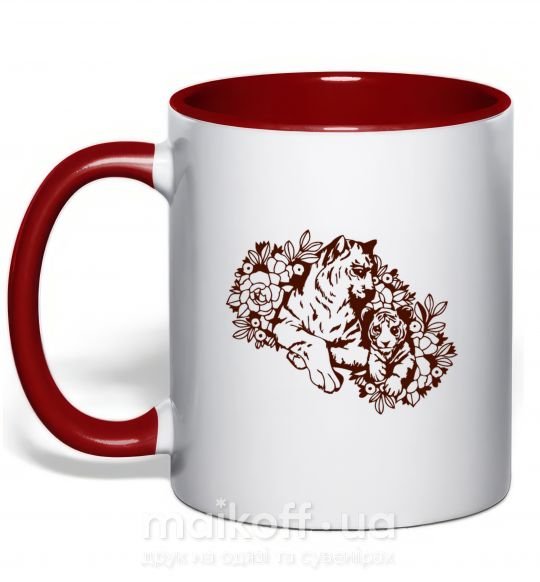 Чашка с цветной ручкой Тигрица и тигренок Красный фото