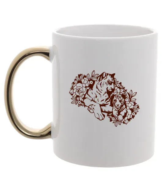 Чашка з кольоровою ручкою Тигриця й тигреня Золото фото