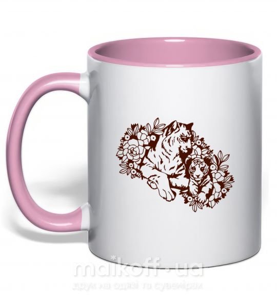 Чашка с цветной ручкой Тигрица и тигренок Нежно розовый фото