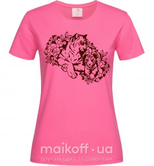 Жіноча футболка Тигрица и тигренок Яскраво-рожевий фото