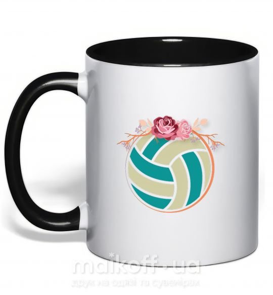 Чашка с цветной ручкой Волейбольный мяч с розами Черный фото