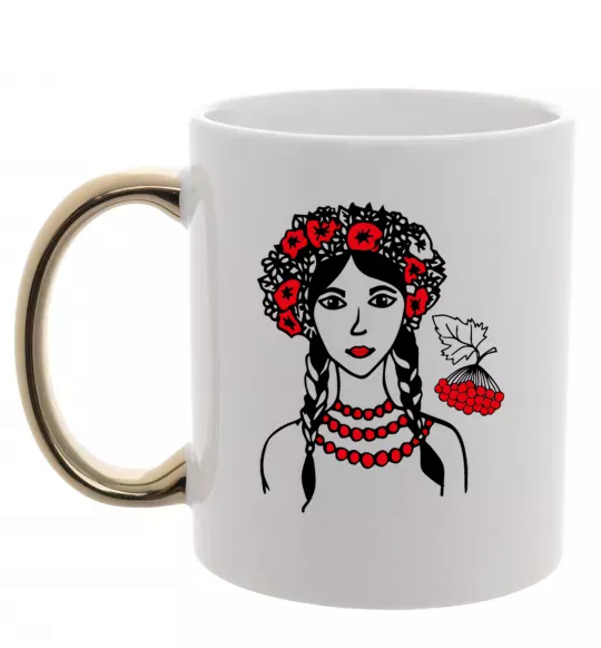 Чашка с цветной ручкой Українка калина Золото фото