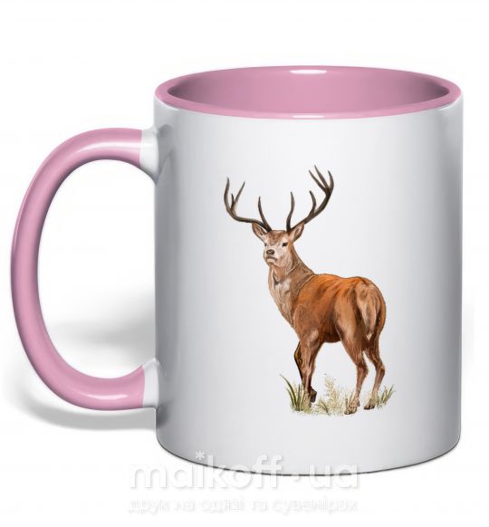 Чашка с цветной ручкой Олень рисунок Нежно розовый фото