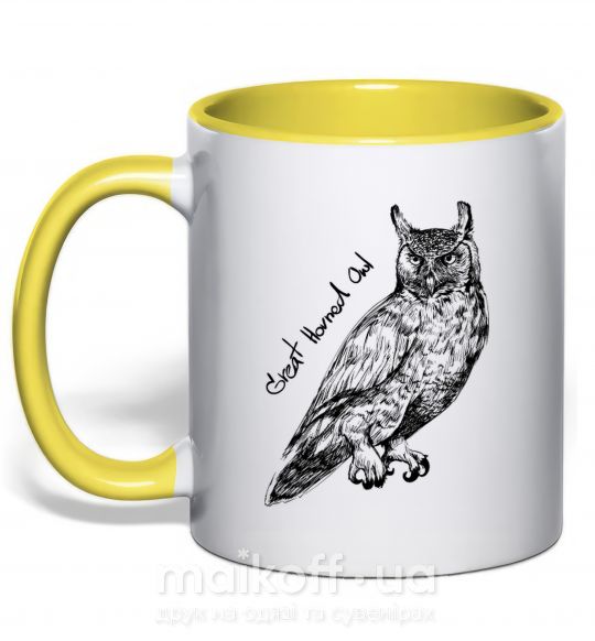 Чашка з кольоровою ручкою Great horned owl Сонячно жовтий фото