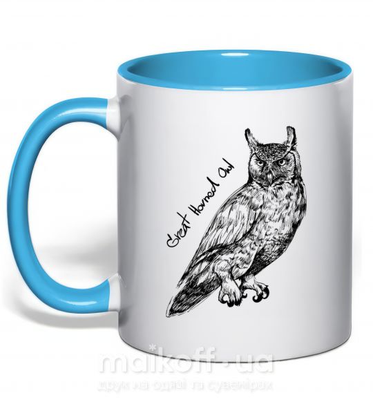 Чашка з кольоровою ручкою Great horned owl Блакитний фото
