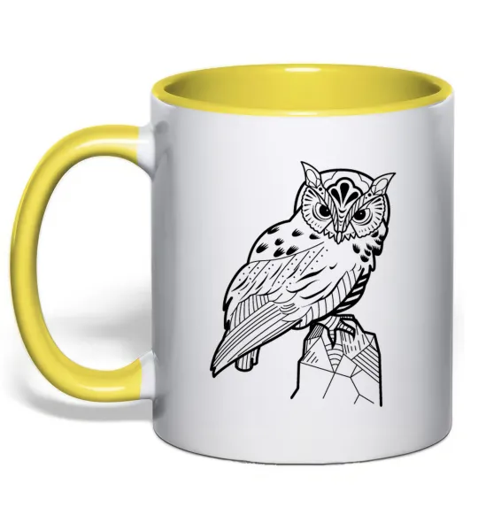 Чашка с цветной ручкой Сова на скелі Лимонный фото
