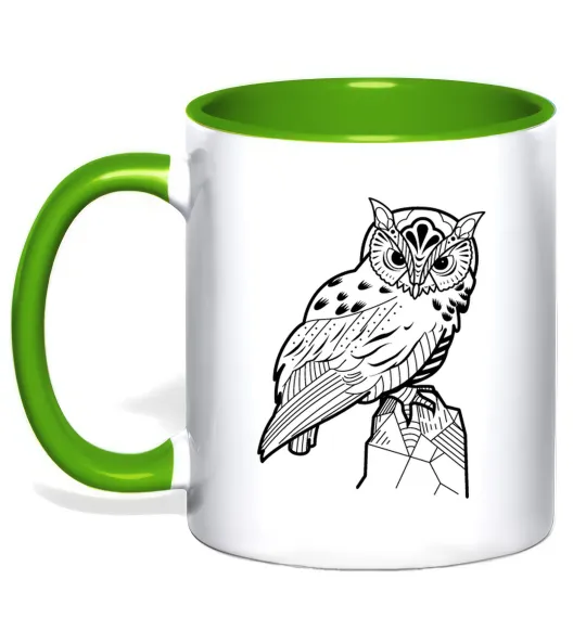 Чашка с цветной ручкой Сова на скелі Лаймовый фото
