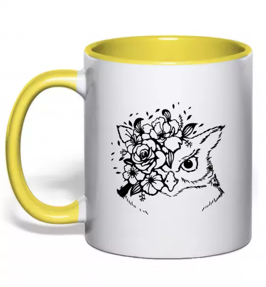Чашка с цветной ручкой Сова та квіти Солнечно желтый фото