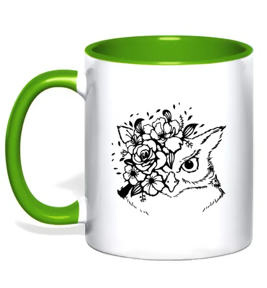 Чашка з кольоровою ручкою Сова та квіти Лаймовий фото