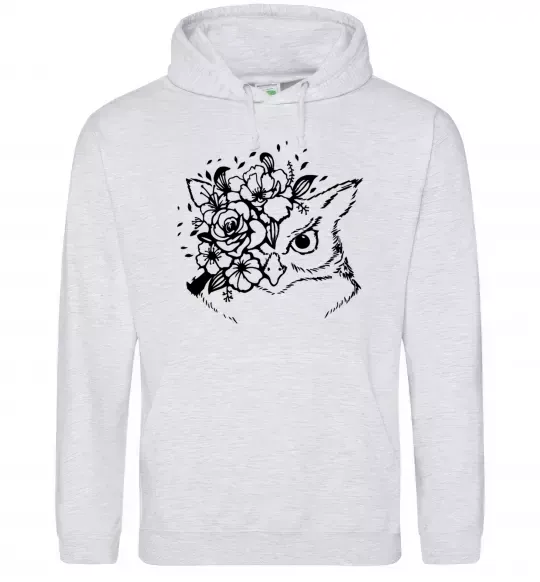 Женская толстовка (худи) Сова та квіти Серый меланж фото