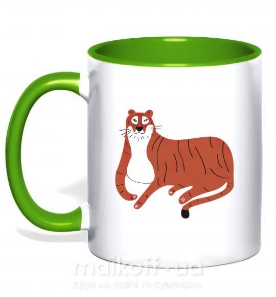Чашка з кольоровою ручкою Смешной тигр Зелений фото
